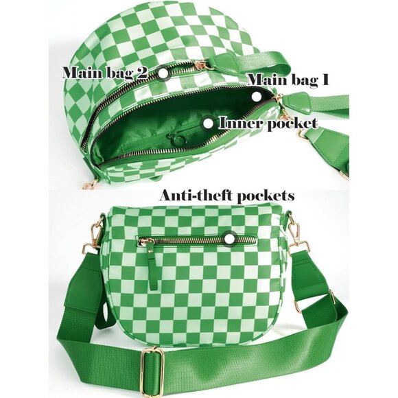 Women Kelly Green Imported Polyester Checkered Crossbody Fanny Belt Bum Bag - Picture 4 of 6